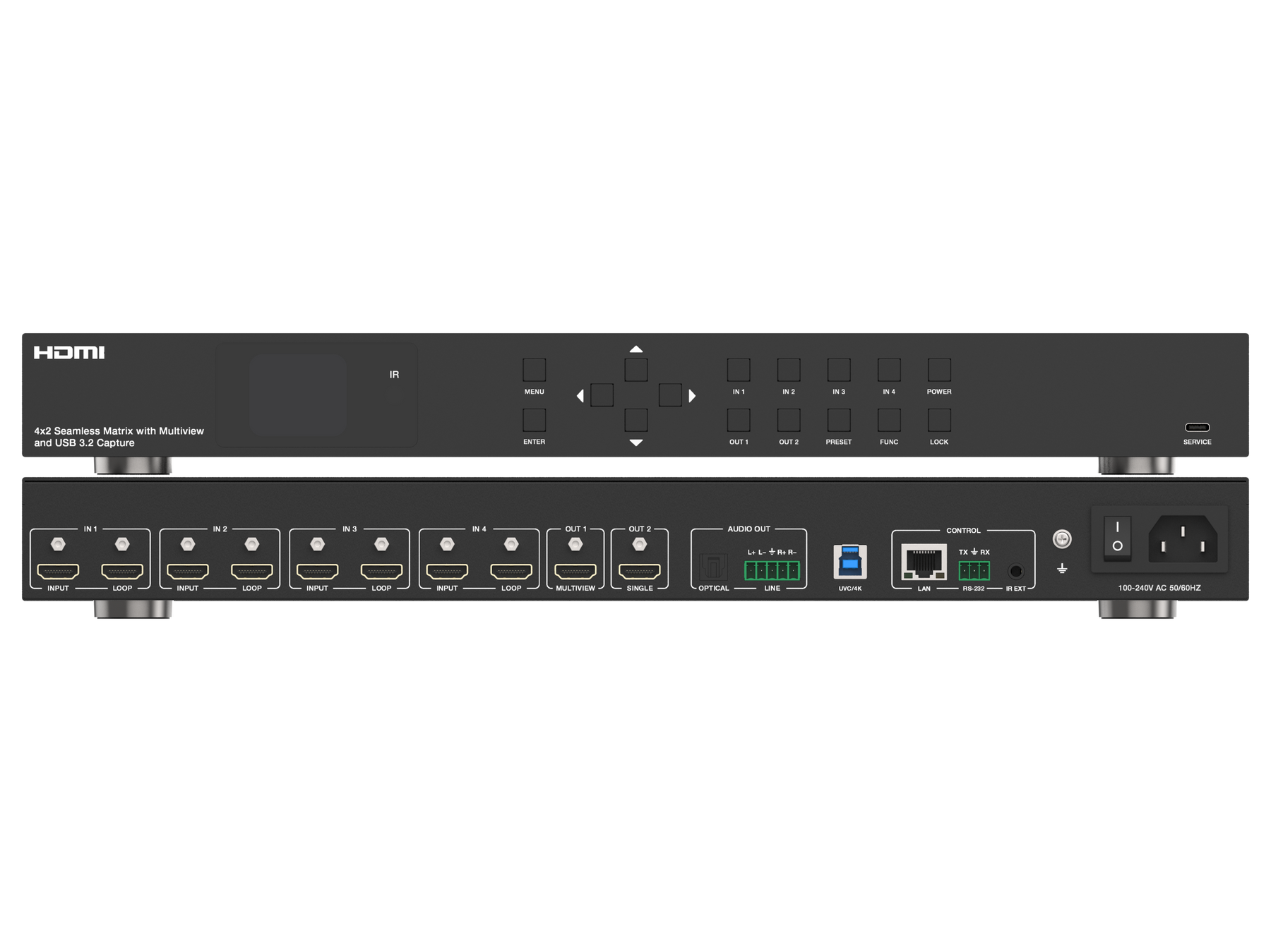 4x2 Seamless Matrix Switcher  with Multiview and USB 3.2 Capture- Model Number CAD-HPMXB42LMVUC