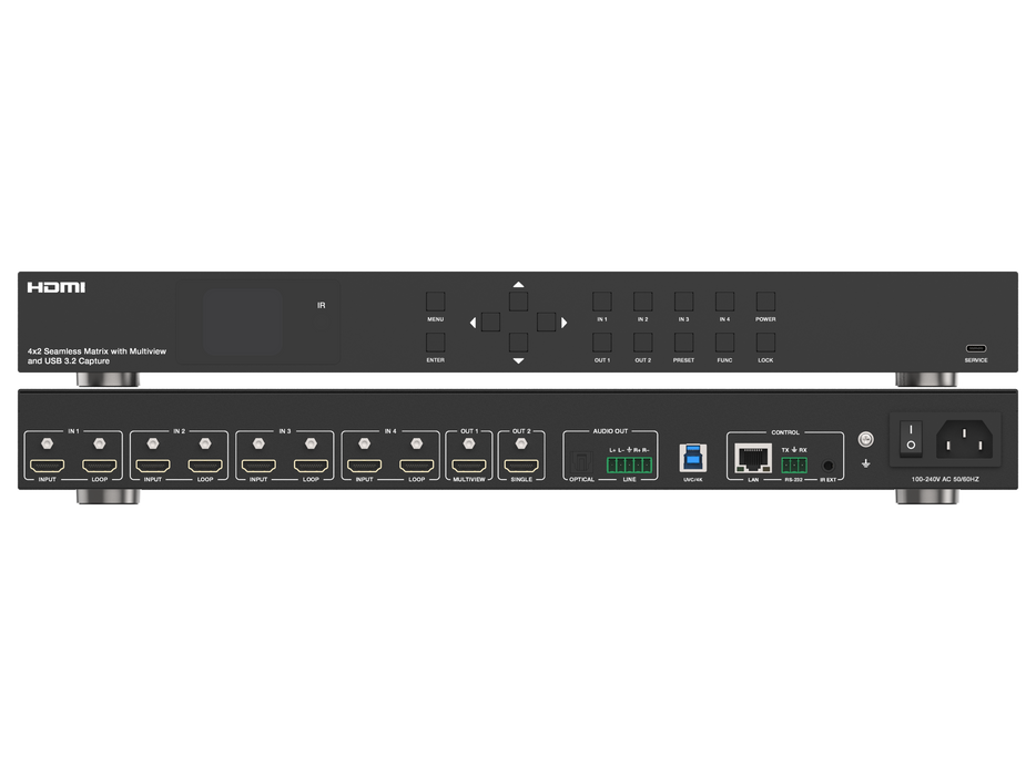 4x2 Seamless Matrix Switcher  with Multiview and USB 3.2 Capture- Model Number CAD-HPMXB42LMVUC