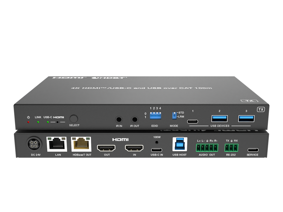 4K HDMI/USB-C over HDBaseT 3.0 Extender (100m) with USB/1G LAN and HDMI/USB-C Dual Outputs