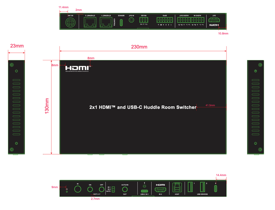 2x1 HDMI™ and USB-C  Huddle Room Switcher- Model CAD-HDPHUB21
