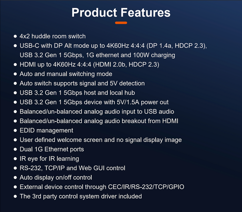4x2 HDMI™ and USB-C Huddle Room Switcher- Model No CADHUB42