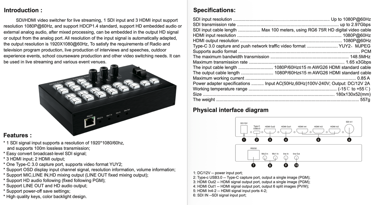 4 Channels SDI/HDMI Video Mixer Switcher for Live Streaming Switcher